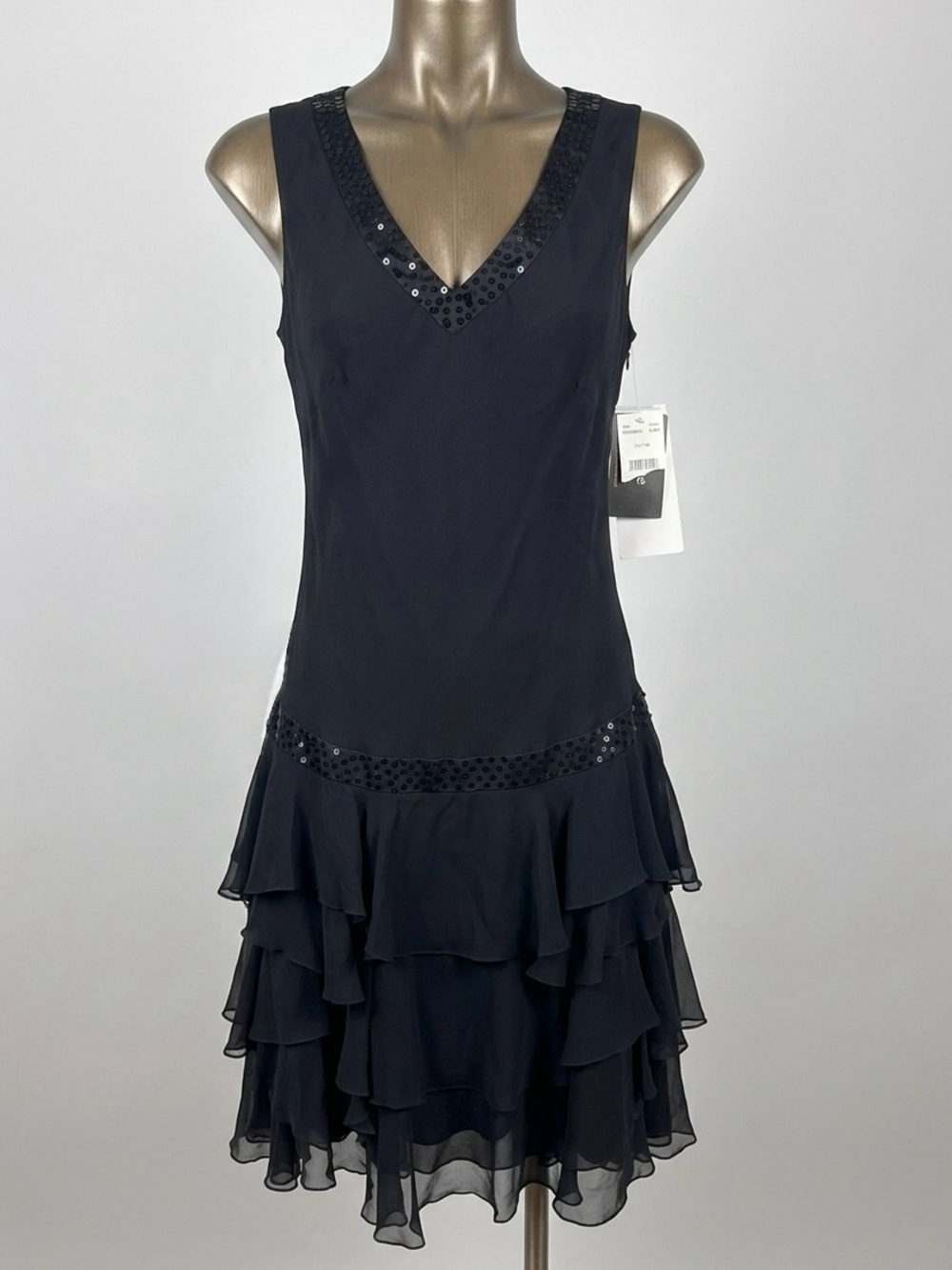 NWT Nicole by Nicole Miller 100% Silk Sequin Ruffle Dress Black Sz 10 - Picture 1 of 8